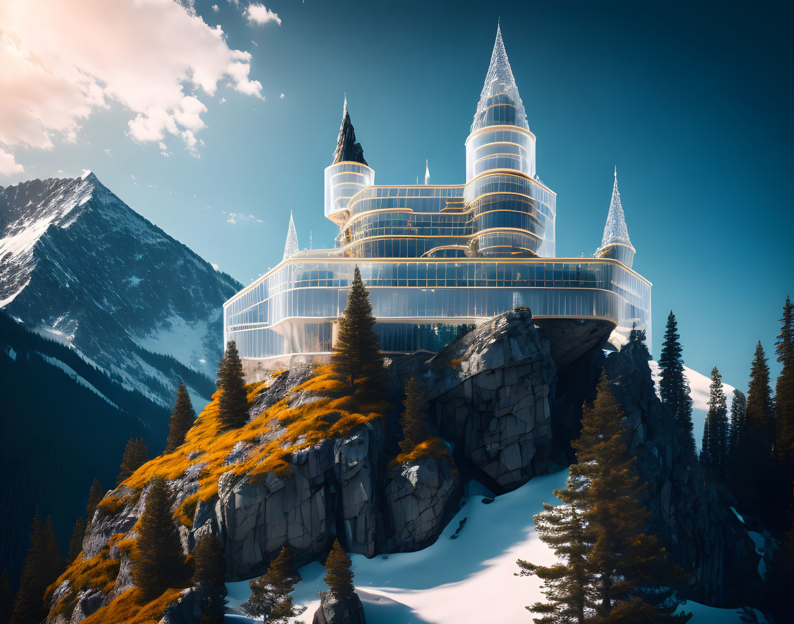 Glass tower futuristic castle on cliff with pine trees and snowy mountains