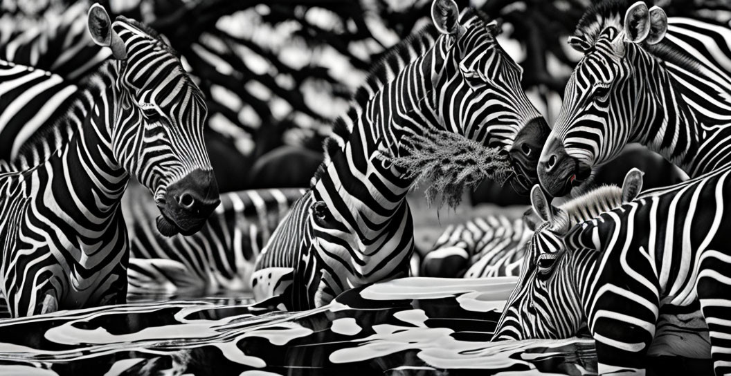 Monochrome photo of zebras' stripes reflected in water