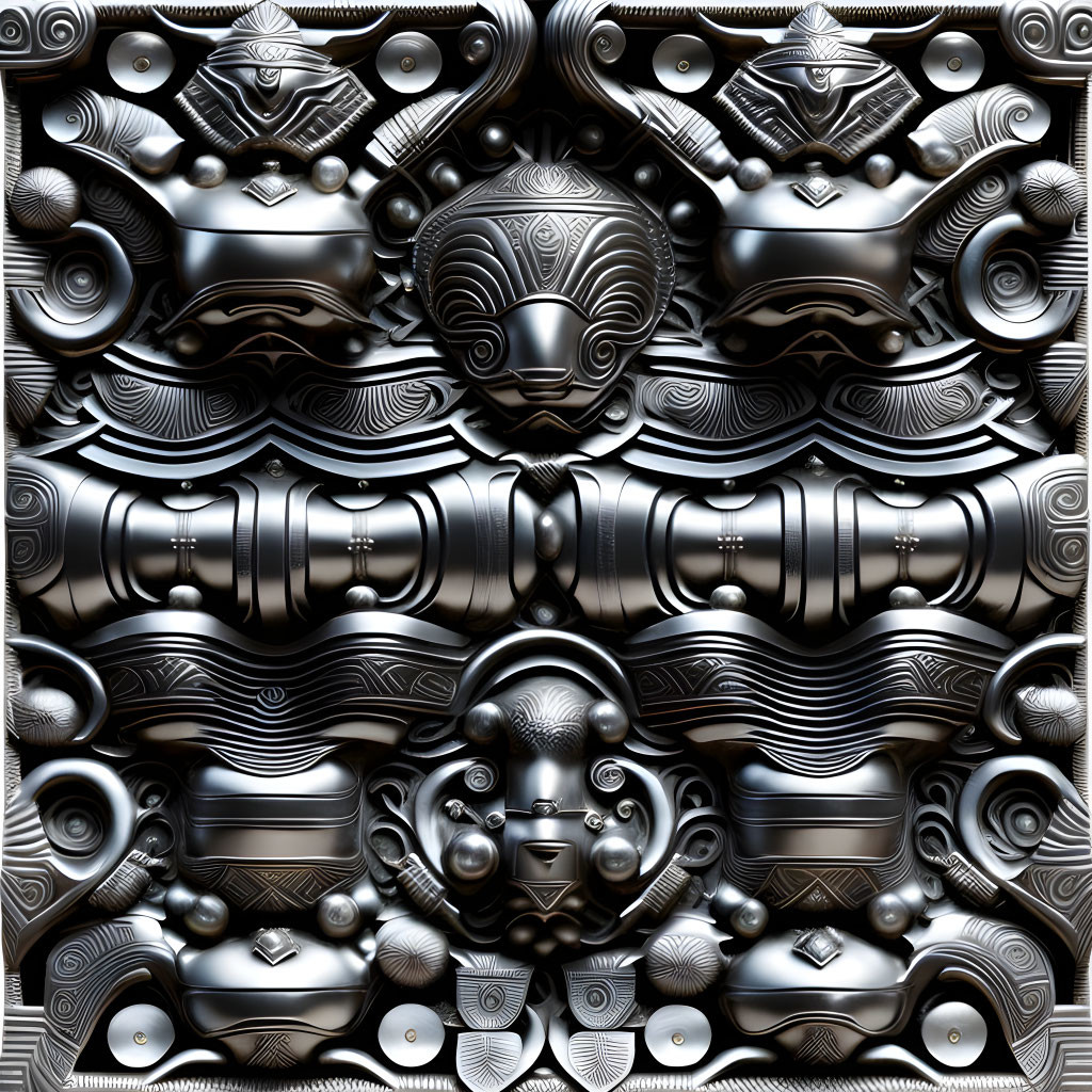 Symmetrical metallic pattern with robotic and tribal design elements