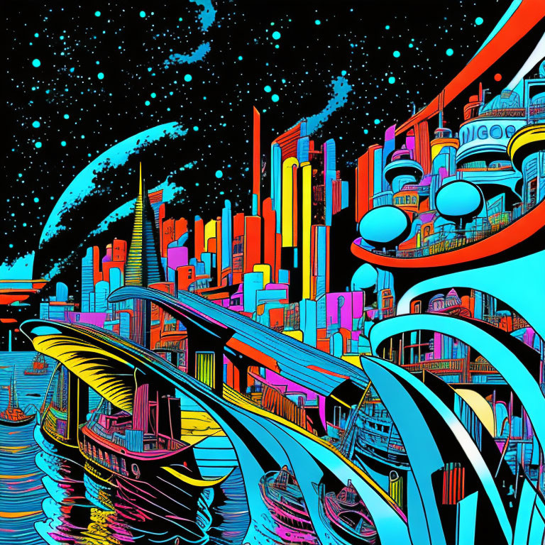 Futuristic cityscape with neon colors, crescent moon, stars, boats, and arched