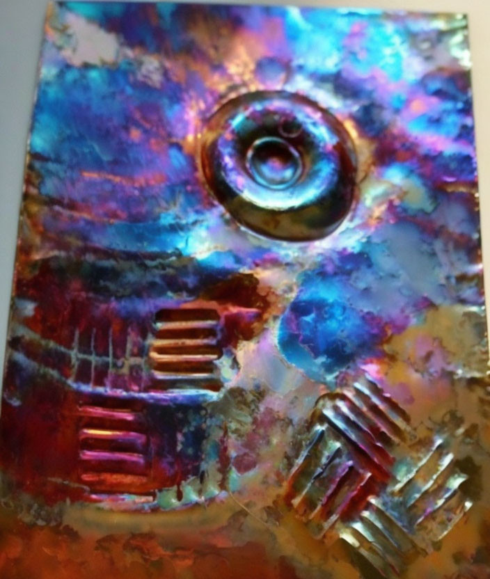 Abstract Textured Art Piece with Iridescent Hues and Geometric Shapes