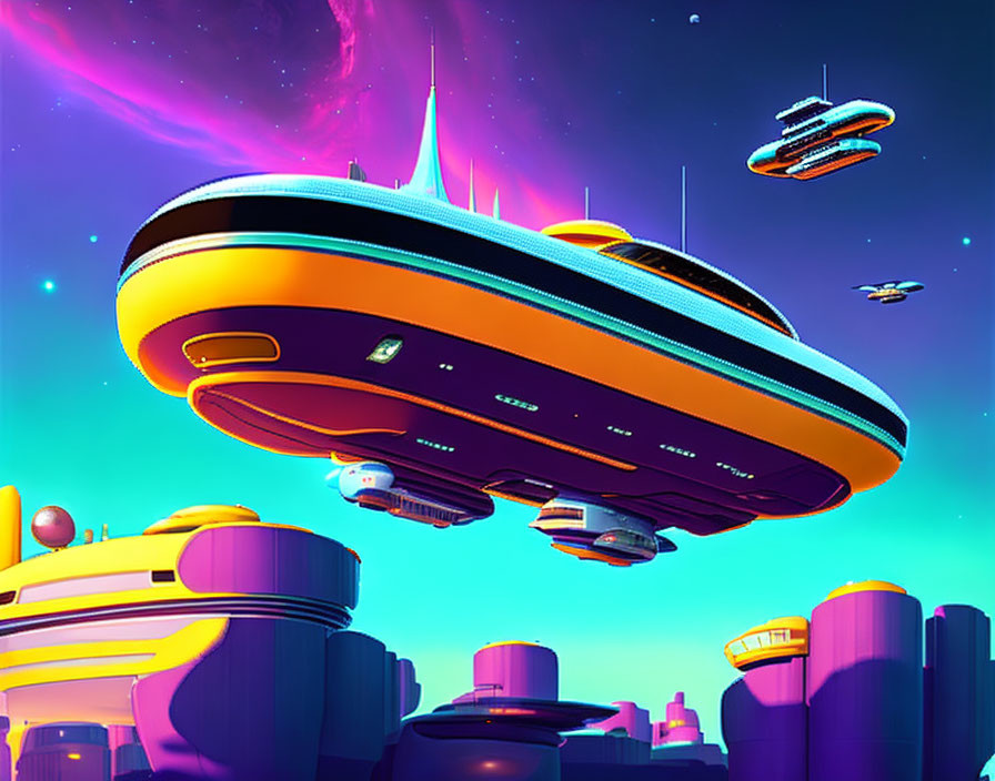 Vibrant futuristic cityscape with flying vehicles and dome-like buildings at twilight