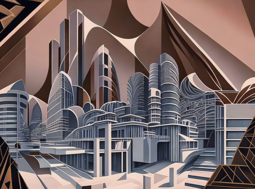 Detailed futuristic cityscape with stylized skyscrapers and geometric mountains.