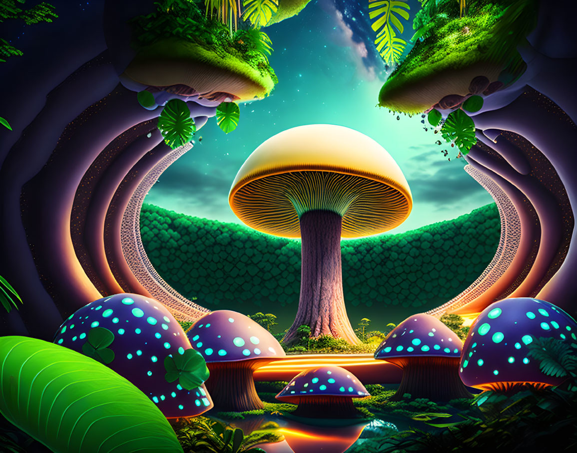 Fantastical glowing mushroom landscape with floating islands