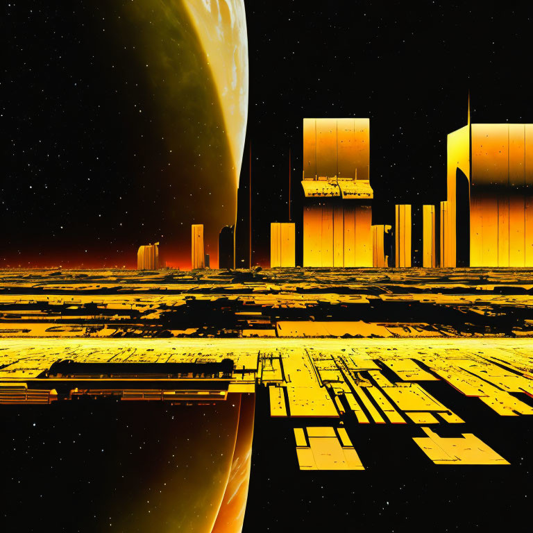 Futuristic cityscape with towering buildings on orange planet