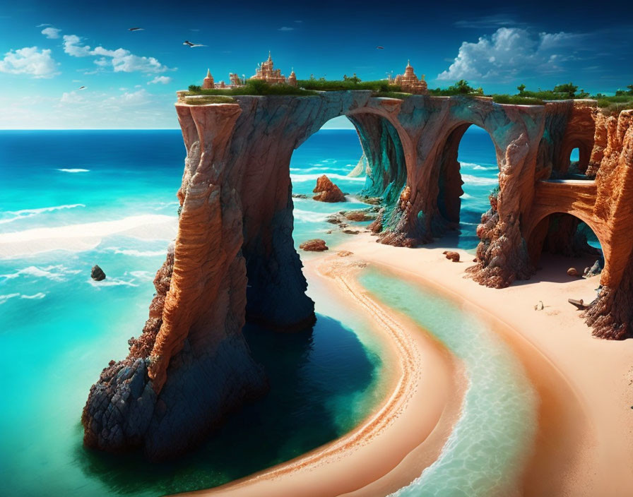 Fantasy landscape with ornate bridge, cliffs, sea, beach, and skies