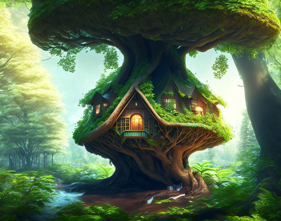 Glowing windows treehouse in lush forest with serene stream