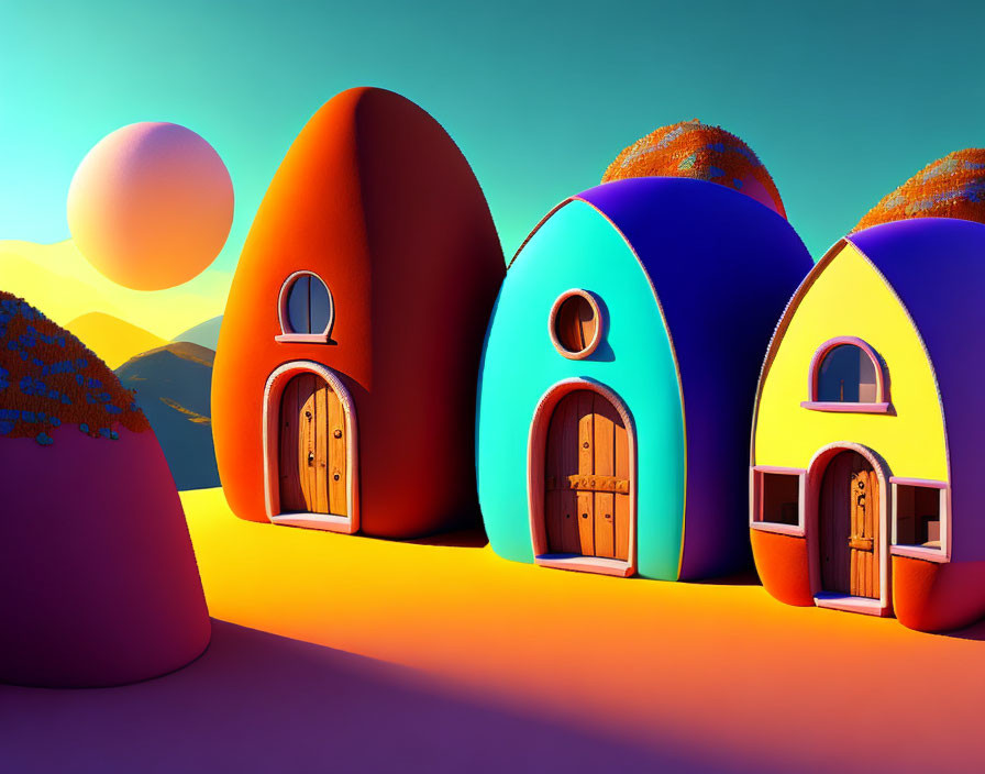 Vibrant cartoon houses under sunset sky with round doors