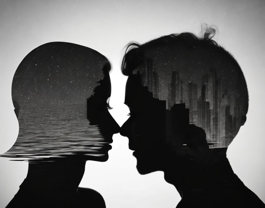 Man and woman silhouettes with night sky and cityscape reflections.