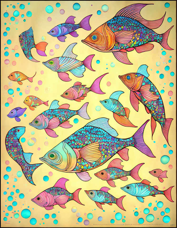 Colorful Fish Illustration Swimming in Bubbles on Yellow Gradient Background