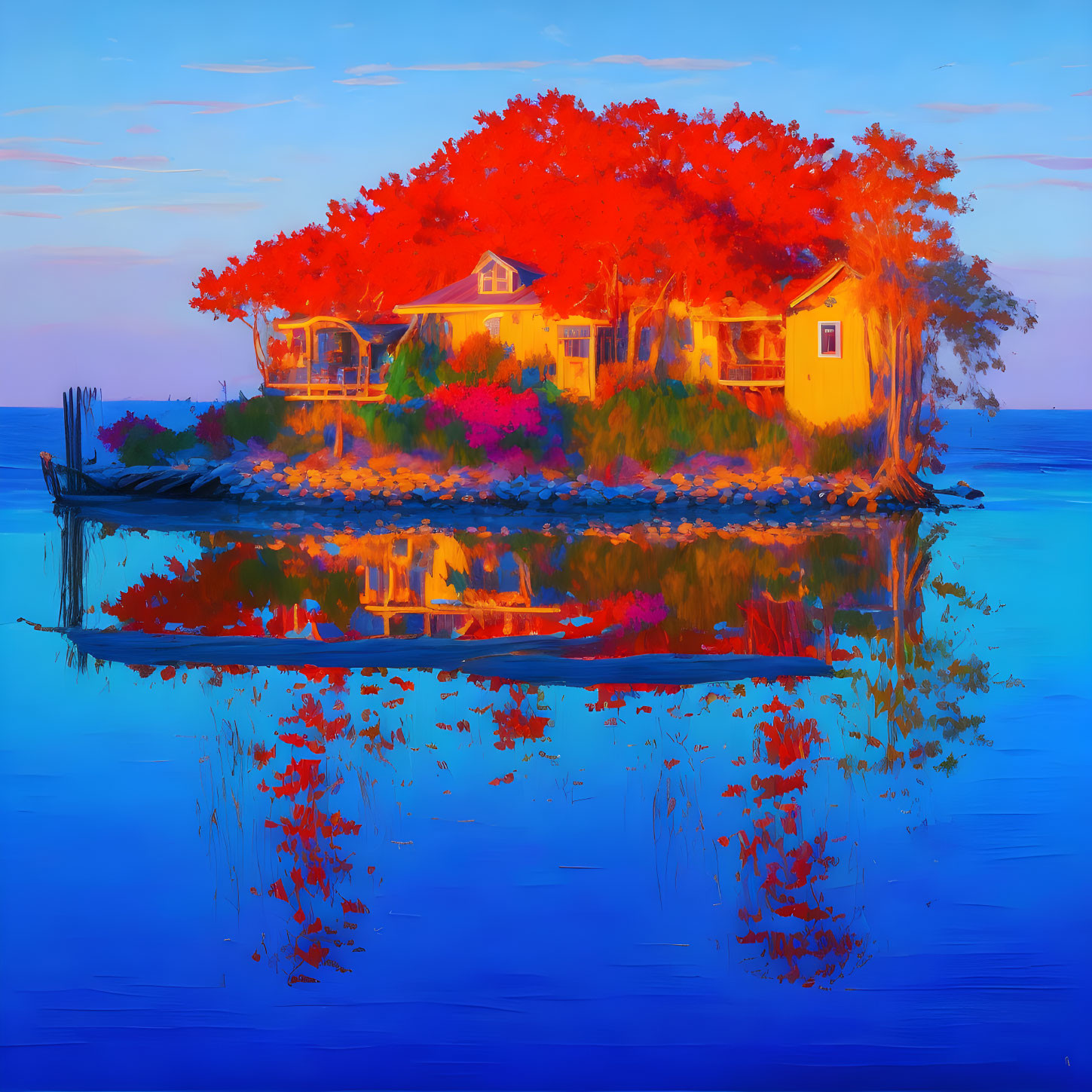 Colorful painting: Solitary house, red tree on island, blue water reflection