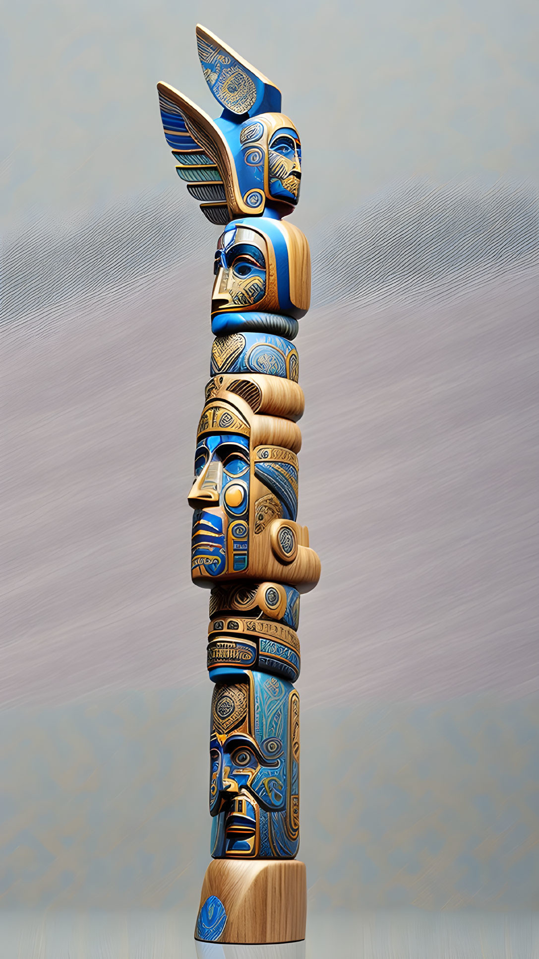 Colorful Totem Pole with Multiple Faces and Detailed Designs