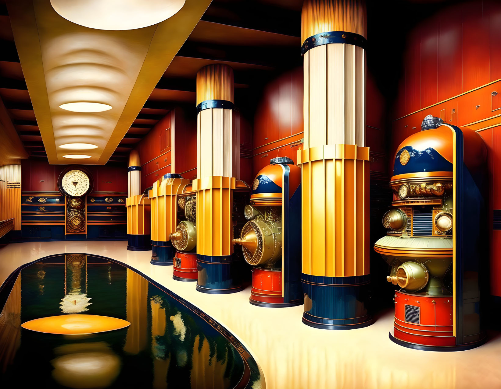 Art Deco Style Interior with Wooden Paneling and Vintage Jukeboxes