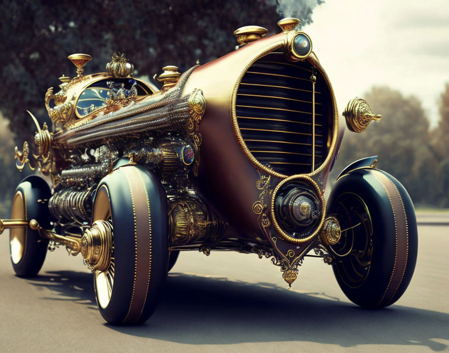 Steampunk-inspired vintage car on road with brass detailing