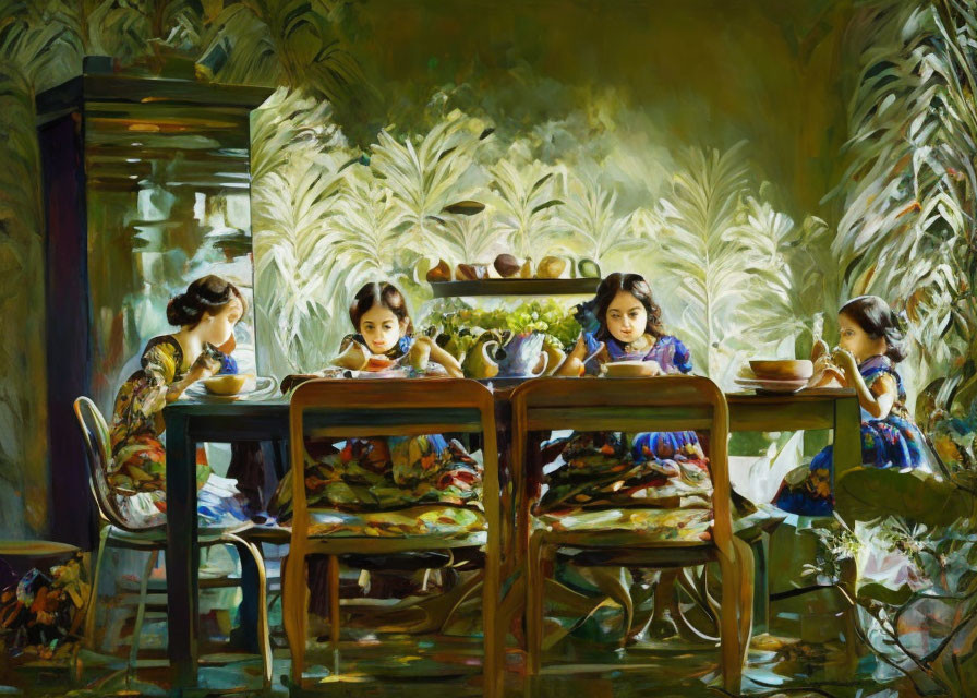 Four girls in traditional dresses painting at wooden table