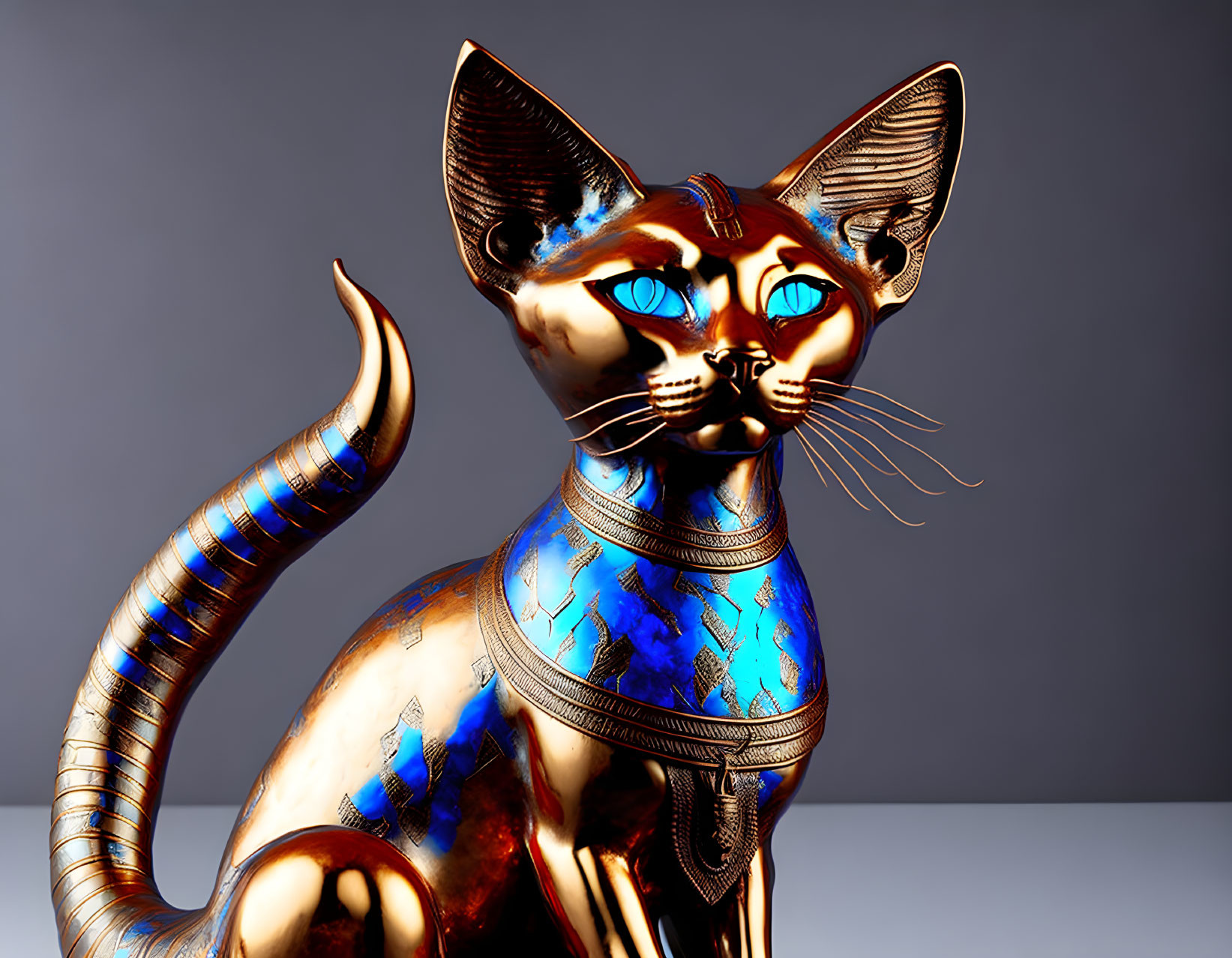 Golden textured 3D cat model with blue eyes and ornate collar