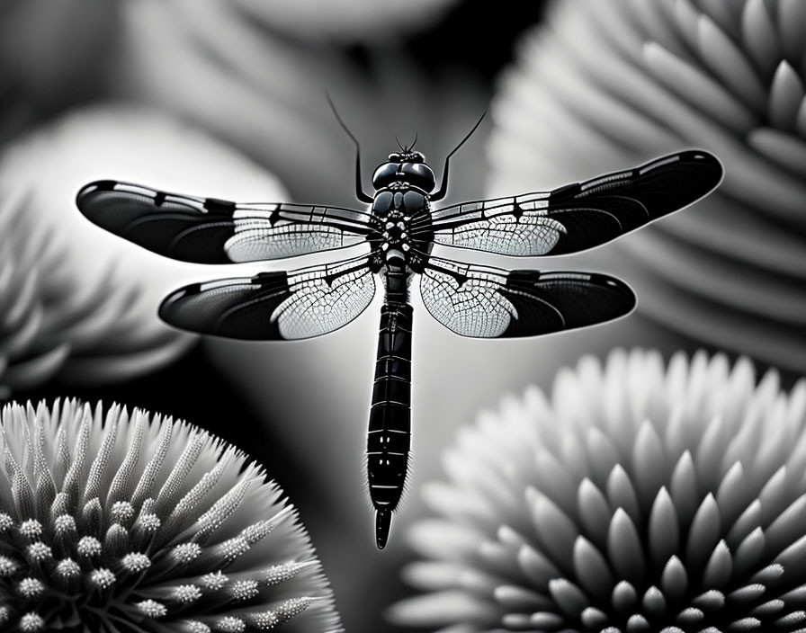 Monochrome dragonfly on coneflower with detailed wings and floral textures