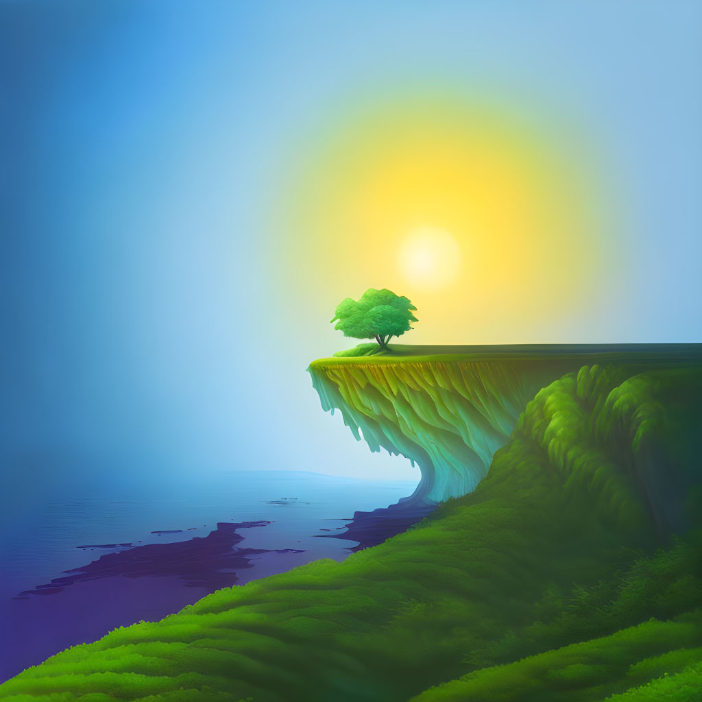 Luminous sunrise over floating island with lone tree