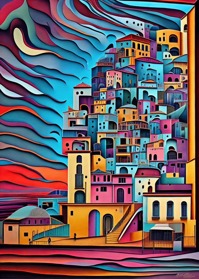 Vivid Surrealist Painting: Stacked Houses in Purple, Blue, and Pink