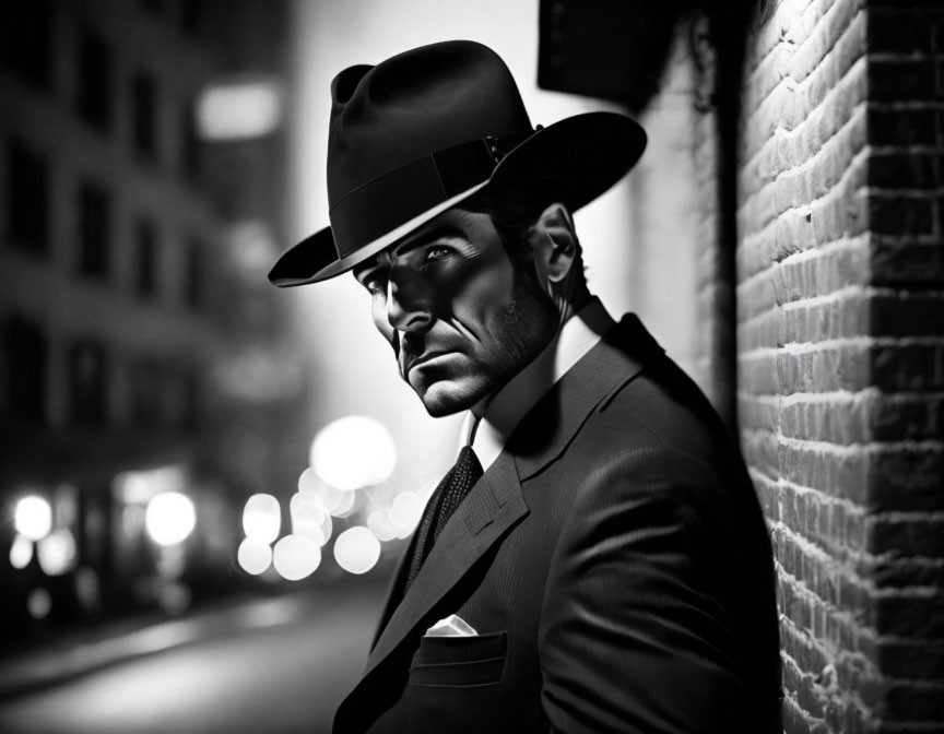 Monochrome image of stylish man in fedora hat and suit against city lights.