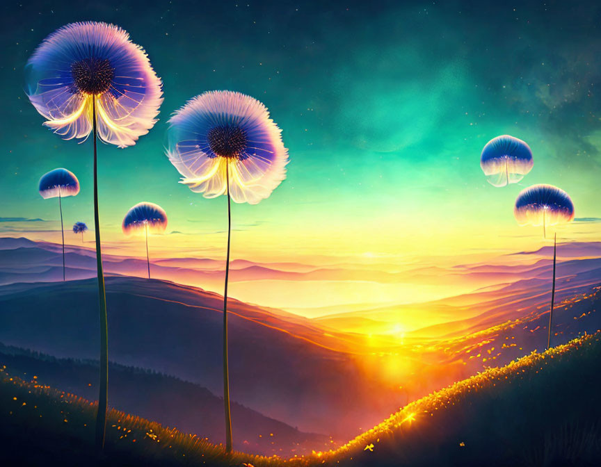 Surreal landscape featuring oversized dandelions and vibrant sunset