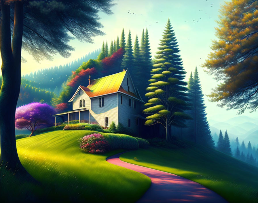 Tranquil landscape with quaint house and lush greenery