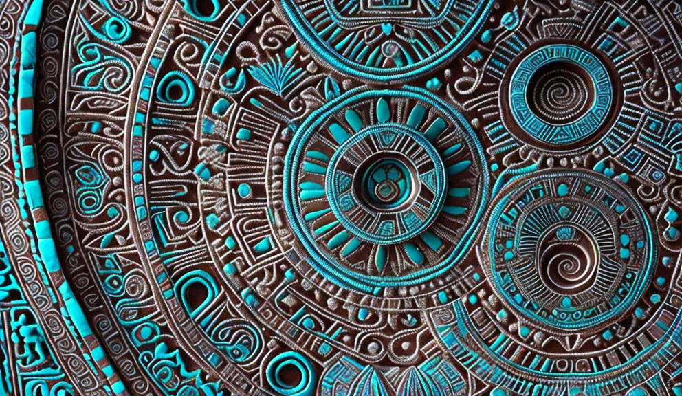 Bronze mandala with turquoise accents and embossed patterns