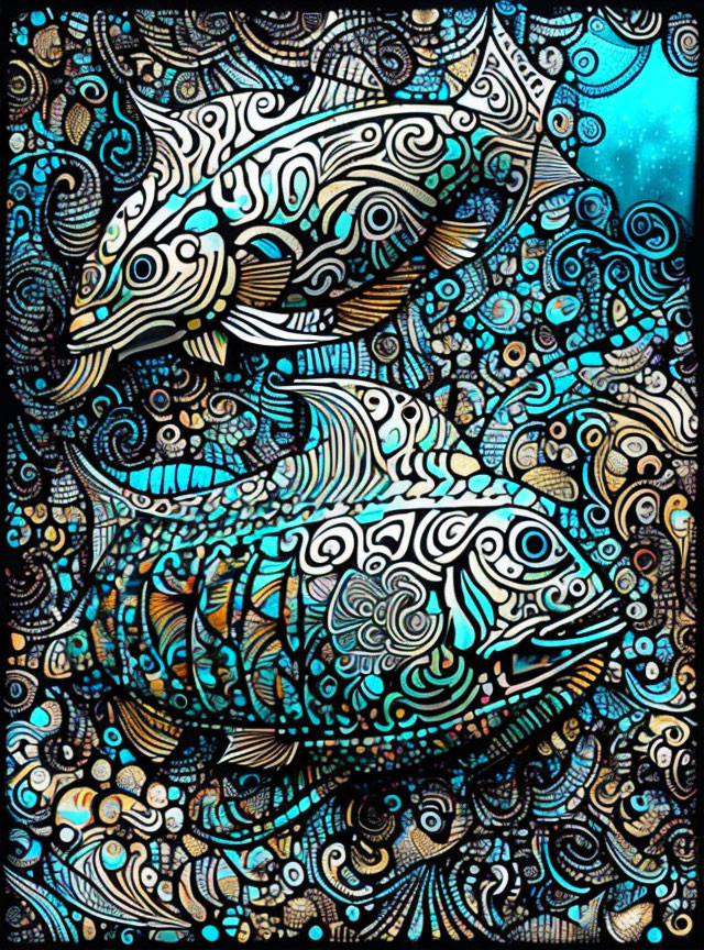 Abstract image: Stylized fish in swirling blues, blacks, and golds