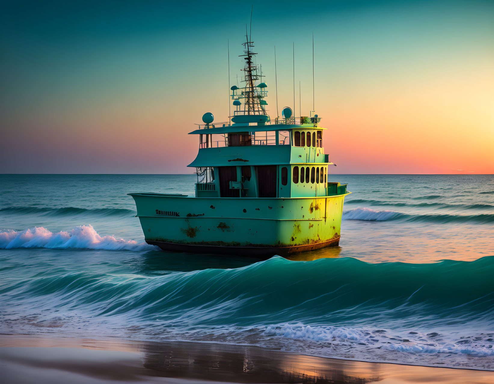 Green and white boat approaching shore at sunset with orange and teal hues