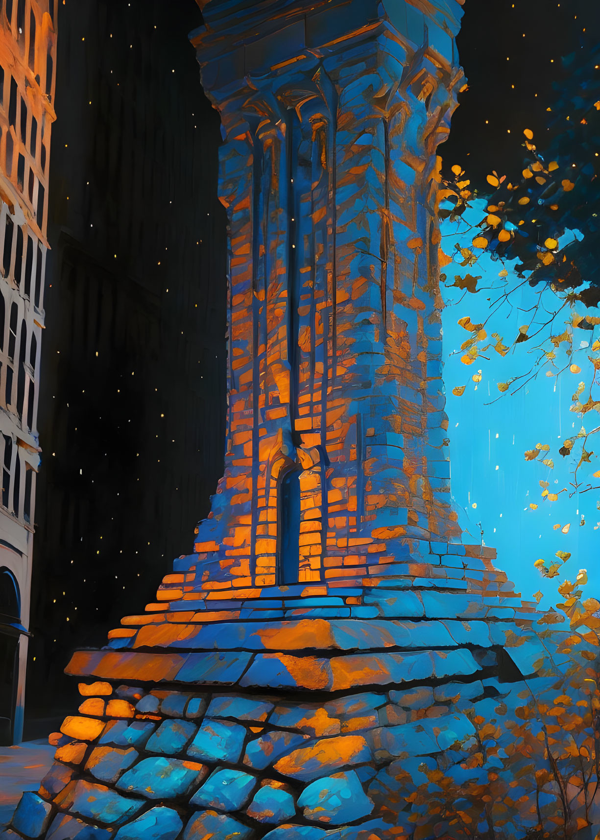 Digital artwork of grand tower at night with person silhouette and golden leaves