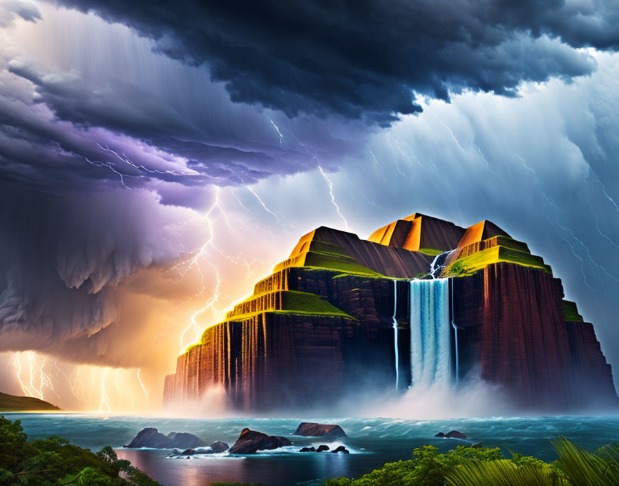 Majestic rock formation with waterfall, lightning, storm clouds, greenery, and sea