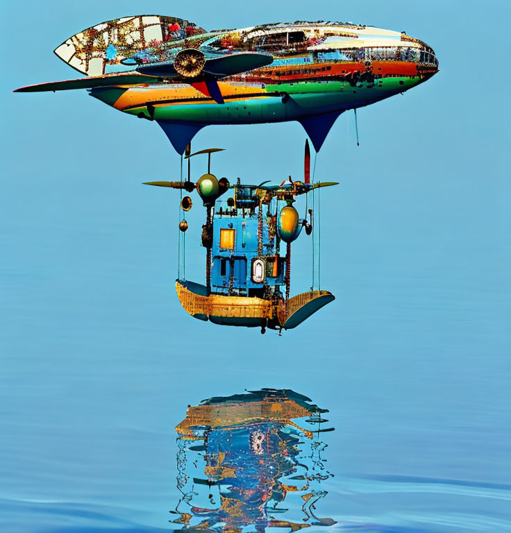 Colorful floating ship with appendages reflecting on water.