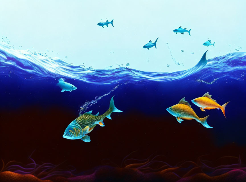 Colorful Fish in Underwater Scene with Clear Blue Sky