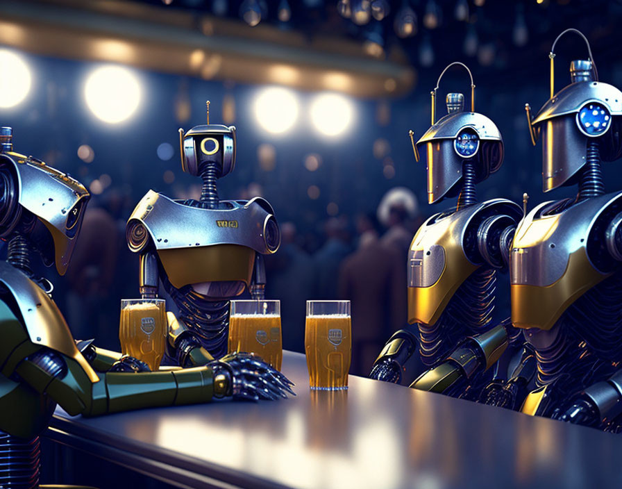 Golden-accented robots chatting at bar with beers in dimly lit setting