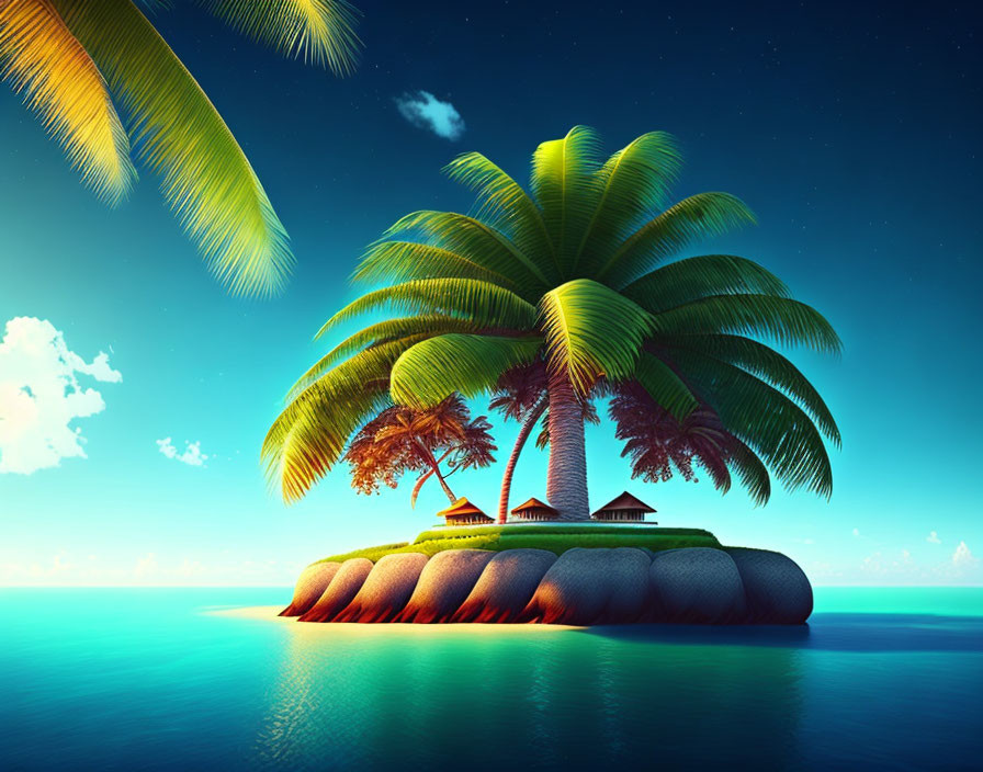 Tropical island scene with palm trees, huts, and large stones by the ocean at dusk