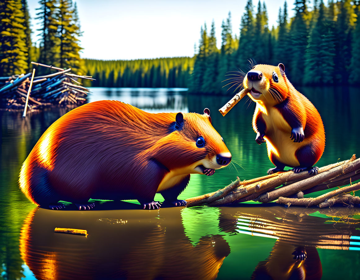 Cartoon beavers by forest lake with dam & log chewing