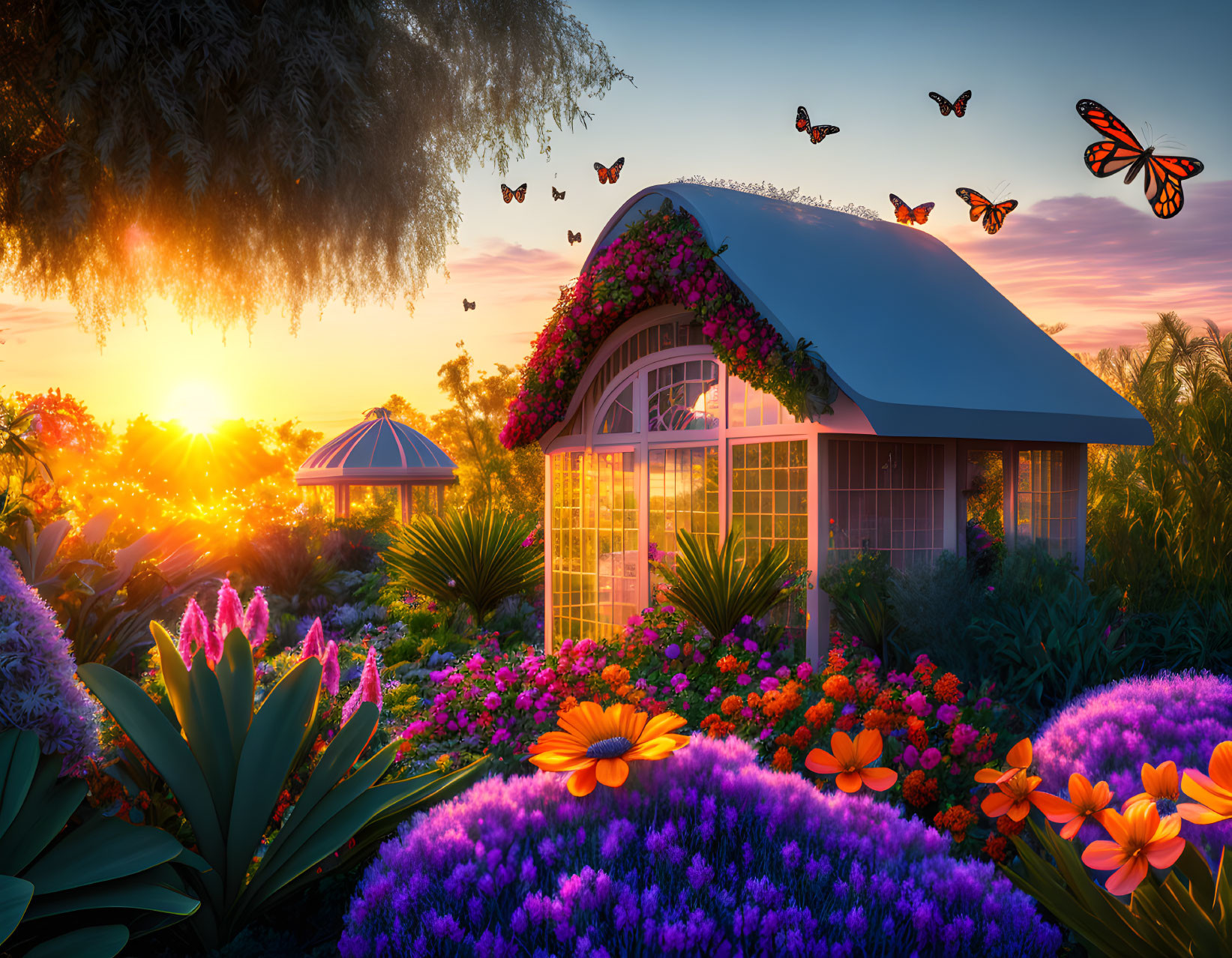 Greenhouse with vibrant flowers and butterflies at sunset