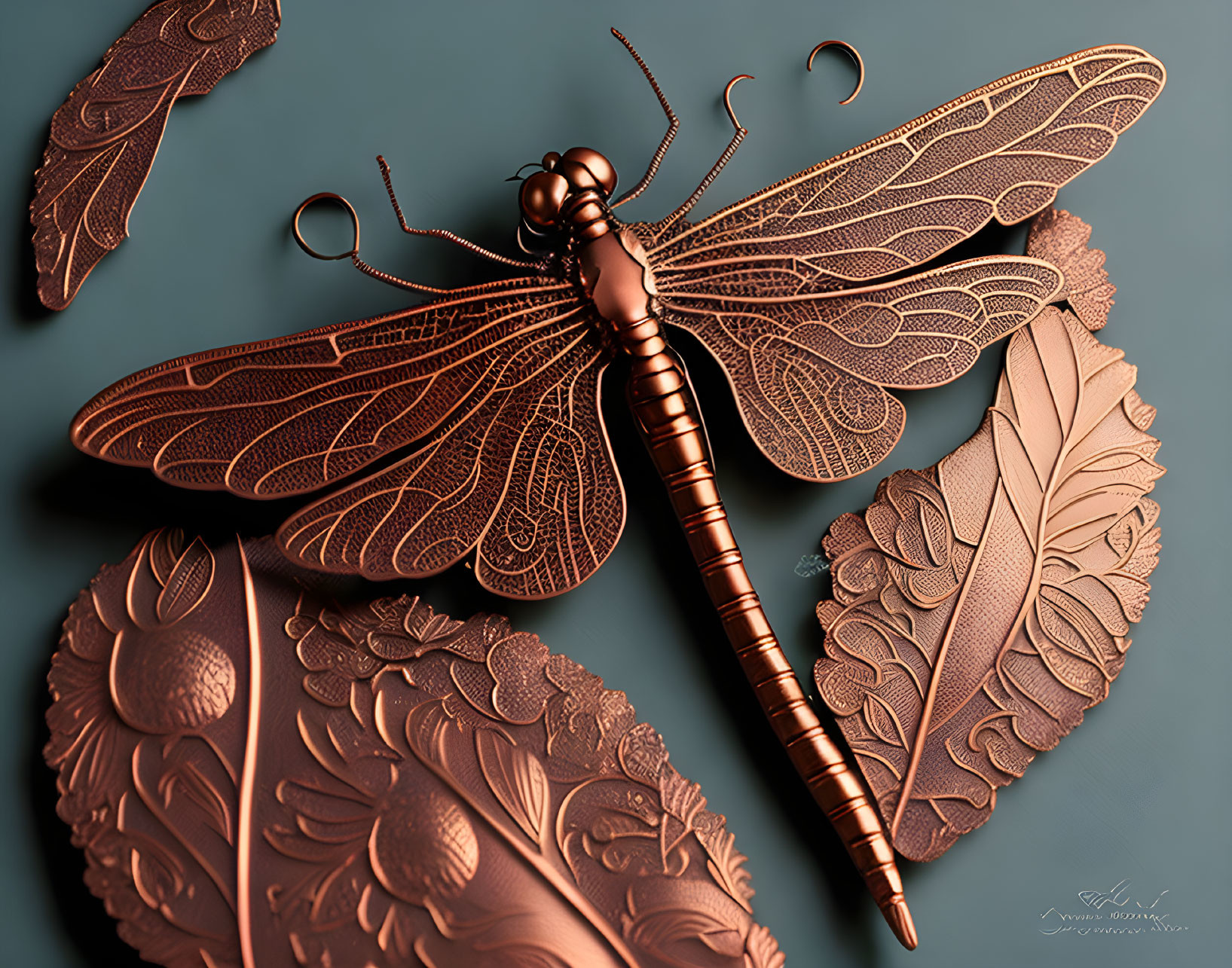 Detailed Metallic Dragonfly Sculpture with Elaborate Wings on Teal Background