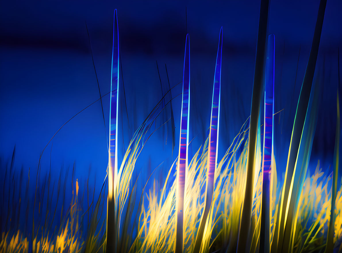 Vibrant blue and yellow tall grass on dark blue background