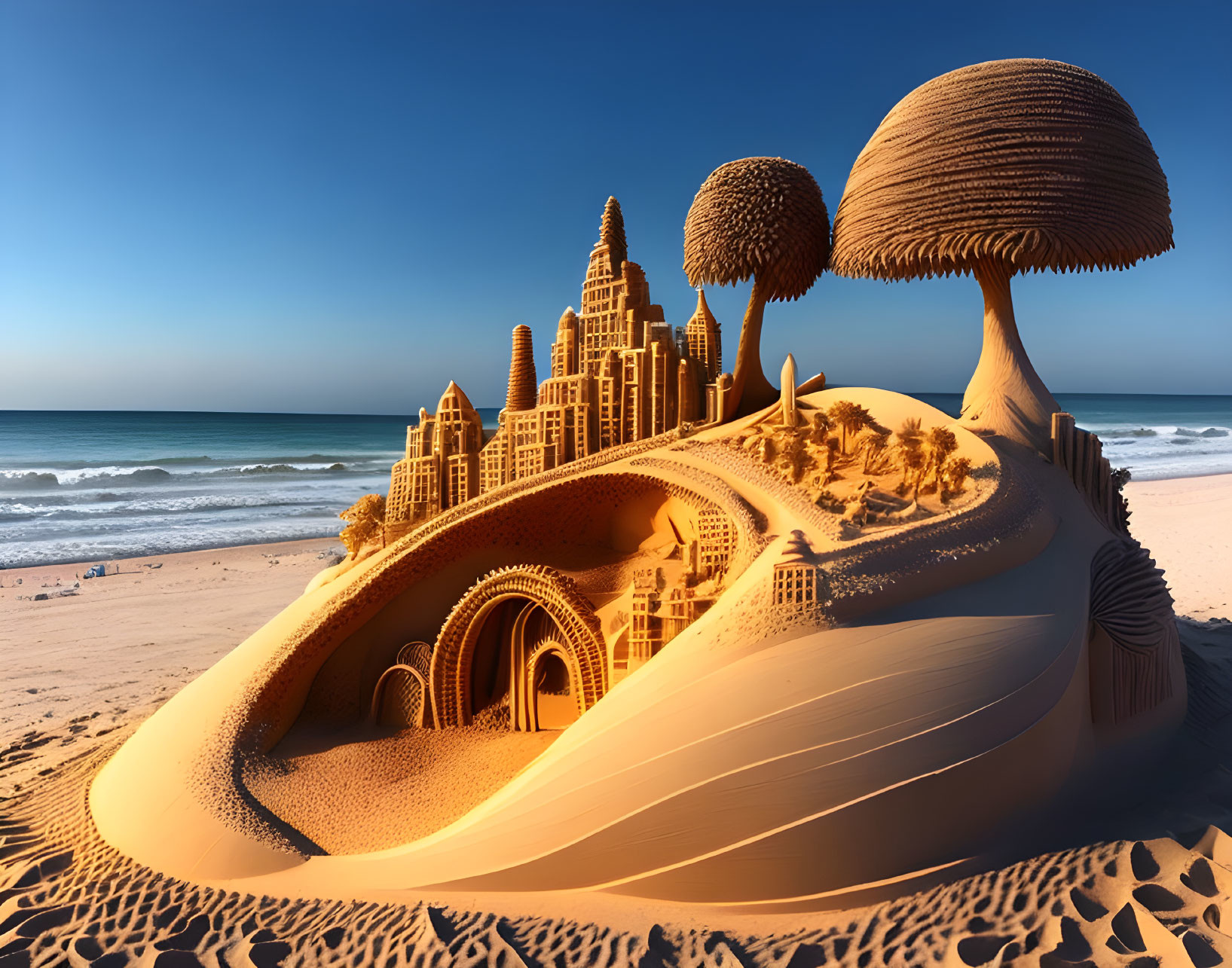 Detailed sandcastle city with towers and arches on sunny beach