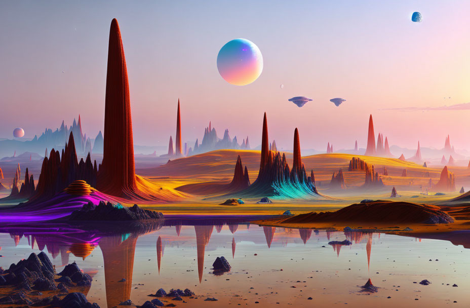 Alien landscape with towering spires, reflective water, and multiple moons