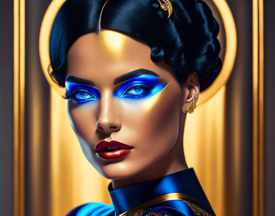 Portrait of woman with blue eyeshadow, red lips, and bun hairstyle on golden backdrop