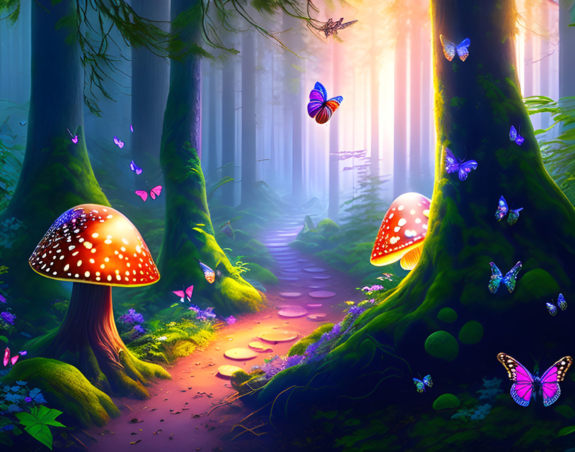 Mystical forest scene with glowing mushrooms and butterflies