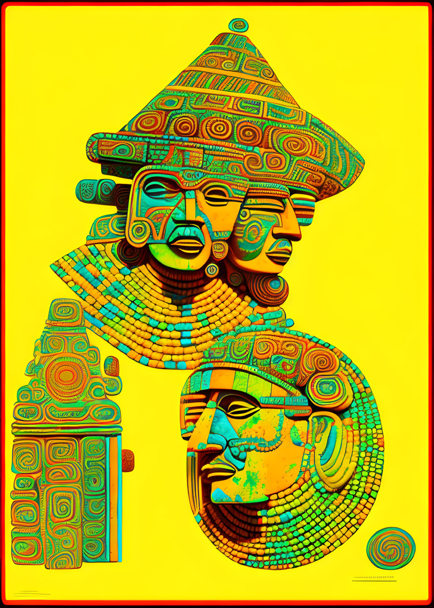 Colorful Psychedelic Faces with Mayan Headdresses on Yellow Background