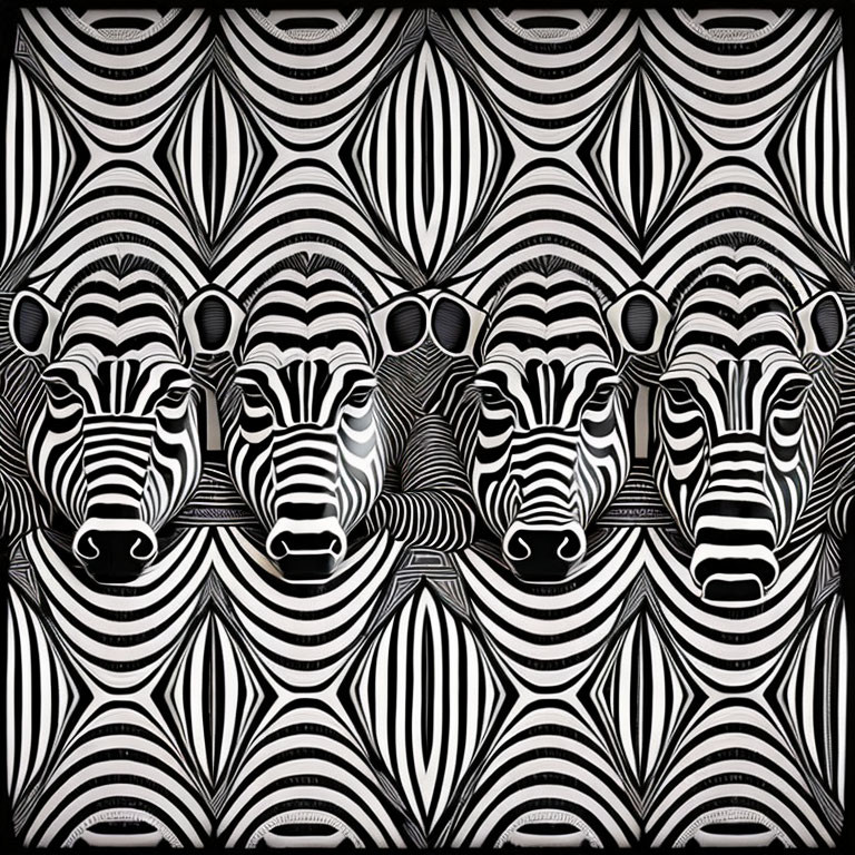 Monochrome illustration of stylized zebra faces with optical illusion stripes