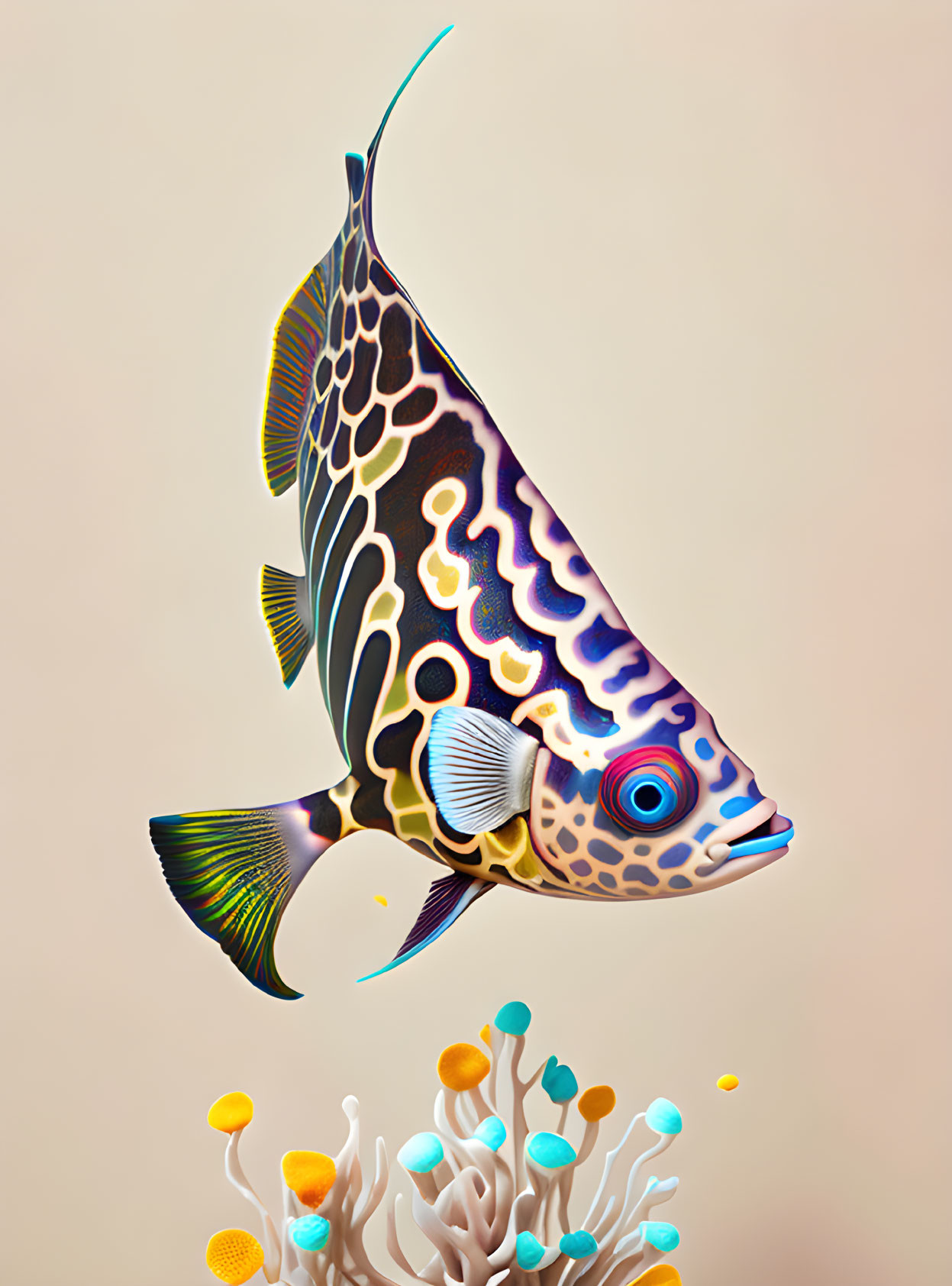 Vibrantly patterned tropical fish with blue eyes and intricate body markings swimming above colorful coral.