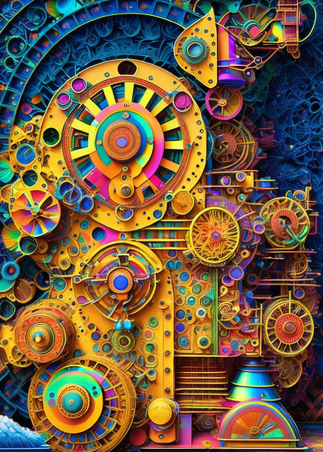 Colorful digital artwork: Mechanical gears, cogs, abstract shapes in blue, yellow, purple