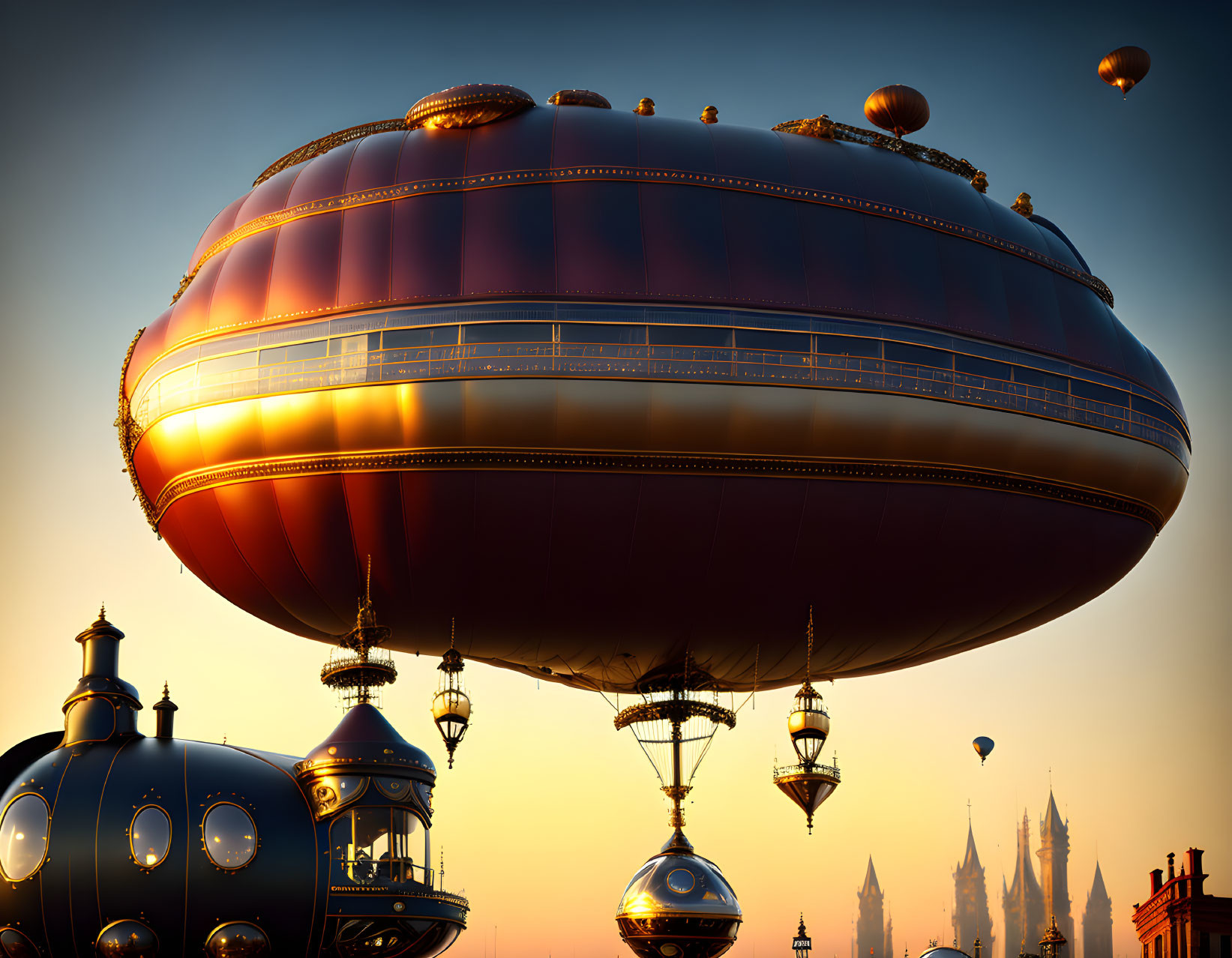 Sleek futuristic airship with golden accents in sunset sky.