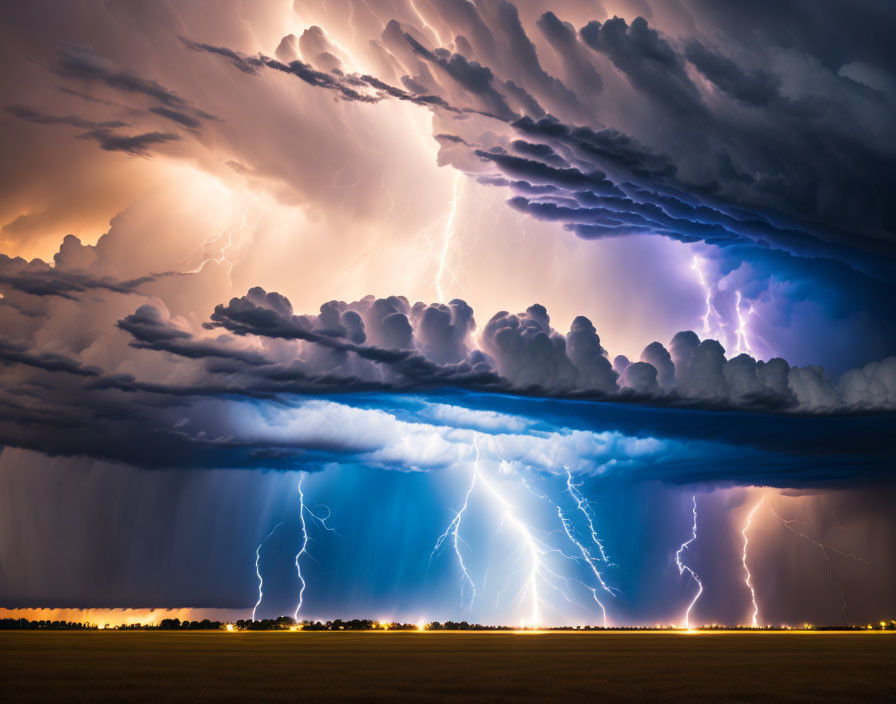 Intense lightning strikes in dramatic night thunderstorm