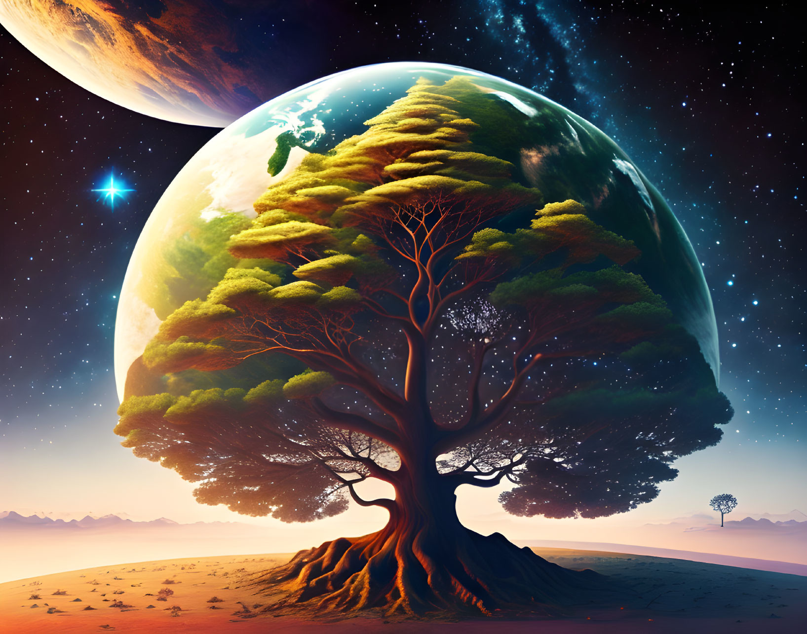 Illustration: Colossal tree with green and barren leaves against cosmic backdrop.